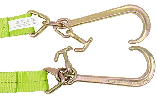 Mytee Products V Bridle Tow Strap 3" x 36" w/ 15" J Hook w/T-J Hooks, Hi VIZ/High Abrasion Green Webbing, 5400 lbs WLL | Recovery V-Strap w/Reinforced Webbing for Towing, Car Wrecker, Rollback