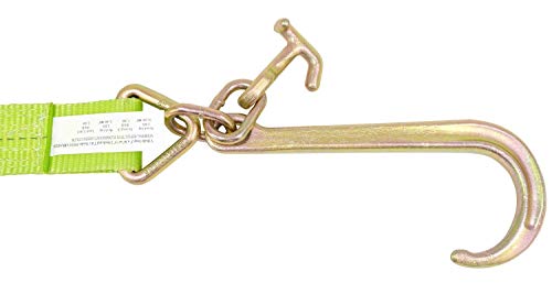 Mytee Products V Bridle Tow Strap 3" x 36" w/ 15" J Hook w/T-J Hooks, Hi VIZ/High Abrasion Green Webbing, 5400 lbs WLL | Recovery V-Strap w/Reinforced Webbing for Towing, Car Wrecker, Rollback