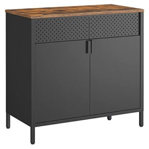 songmics storage sideboard, buffet table with adjustable shelves, floor storage cupboard, steel frame, rustic brown and black ulsc102b01