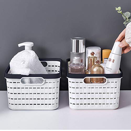 ESPEN 5Pack Plastic Storage Basket White, Desktop Weave Baskets with Handle, Portable Bathroom Open Storage Bin, Small Plastic Containers Shelf Brackets for Shelves Countertop Kitchen Cabinet Office