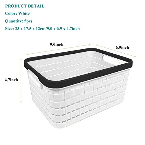 ESPEN 5Pack Plastic Storage Basket White, Desktop Weave Baskets with Handle, Portable Bathroom Open Storage Bin, Small Plastic Containers Shelf Brackets for Shelves Countertop Kitchen Cabinet Office