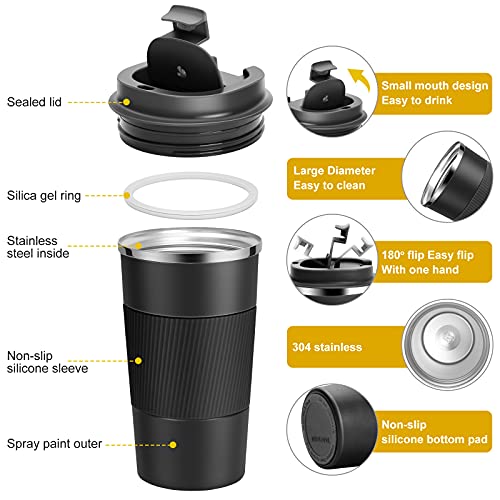 YINJAM 17oz Travel Coffee Mug Insulated Coffee Cups to Go with Leakproof Lid Vacuum Stainless Steel Double Walled Thermal Car Coffee Tumbler for Hot Cold Ice Tea Drinks Reusable (Black, 17oz)