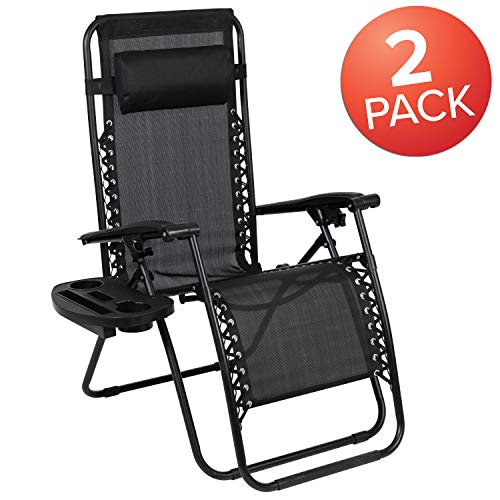 Flash Furniture Celestial Adjustable Folding Mesh Zero Gravity Reclining Lounge Chair with Pillow and Cup Holder Tray in Black, Set of 2