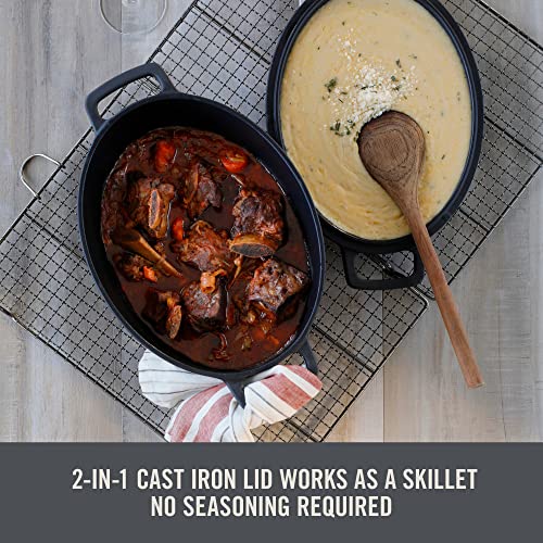 Zakarian by Dash 6 Qt Nonstick Cast Iron Double Dutch Oven, Oval Pot with 2-in-1 Skillet Lid, Black