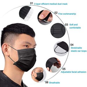 70 Pack 3 Ply Black Disposable Face Masks with Elastic Ear Loop,Breathability Comfort
