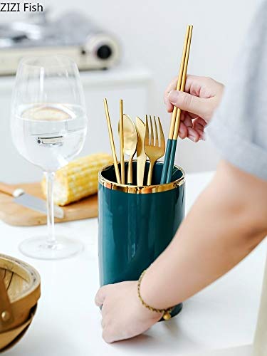 ZSQAI Ceramic Green Chopsticks Canister Ceramic Household Kitchen Utensils Cutlery Chopsticks Drain Basket Storage Rack