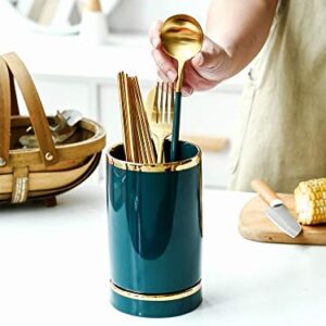ZSQAI Ceramic Green Chopsticks Canister Ceramic Household Kitchen Utensils Cutlery Chopsticks Drain Basket Storage Rack