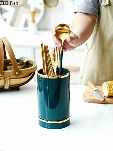 ZSQAI Ceramic Green Chopsticks Canister Ceramic Household Kitchen Utensils Cutlery Chopsticks Drain Basket Storage Rack