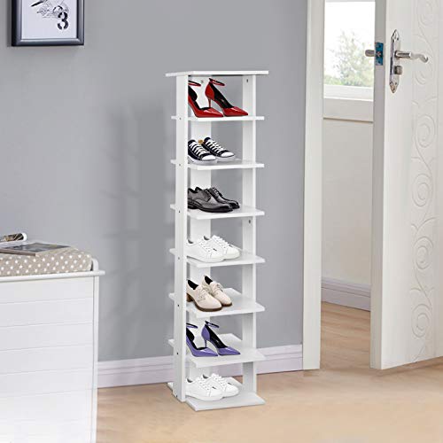 MorNon 7-Tier Shoe Rack，Shoe Storage Tower Modern White Wooden Shoe Shelves for Bedroom Living Room Saving Space (White)