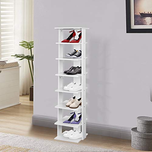 MorNon 7-Tier Shoe Rack，Shoe Storage Tower Modern White Wooden Shoe Shelves for Bedroom Living Room Saving Space (White)