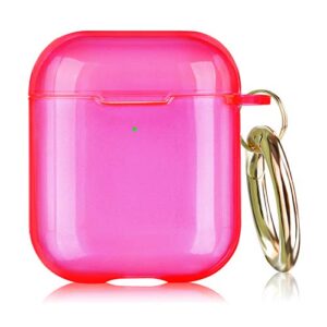 airspo airpods case cover, clear soft tpu protective cover compatible with apple airpods 1/2 wireless charging case with keychain (neon hot pink)
