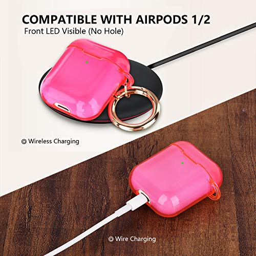 AIRSPO Airpods Case Cover, Clear Soft TPU Protective Cover Compatible with Apple AirPods 1/2 Wireless Charging Case with Keychain (Neon Hot Pink)