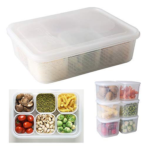 MATSUBE Fridge Food Storage Container- Reusable Fresh Produce Divided Fruit Storage Organizer Plastic Produce Organizer with 6 Detachable Small Boxes to Keep Fresh for Storing Fish, Meat, Vegetables