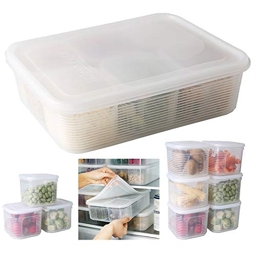 MATSUBE Fridge Food Storage Container- Reusable Fresh Produce Divided Fruit Storage Organizer Plastic Produce Organizer with 6 Detachable Small Boxes to Keep Fresh for Storing Fish, Meat, Vegetables