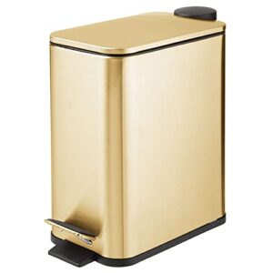 mdesign slim metal rectangle 1.3 gallon trash can with step pedal, easy-close lid, removable liner - narrow wastebasket garbage container bin for bathroom, bedroom, kitchen, office - soft brass