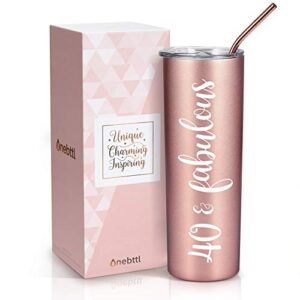 onebttl 40th birthday gifts for women, female, her - 40 and fabulous - 20oz/590ml stainless steel insulated tumbler with straw, lid, message card - (rose gold)