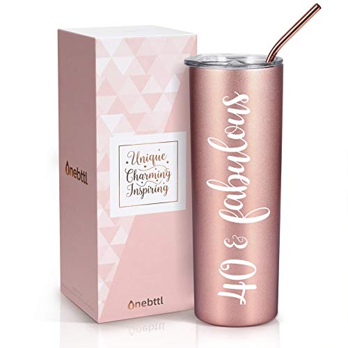 Onebttl 40th Birthday Gifts for Women, Female, Her - 40 and Fabulous - 20oz/590ml Stainless Steel Insulated Tumbler with Straw, Lid, Message Card - (Rose Gold)