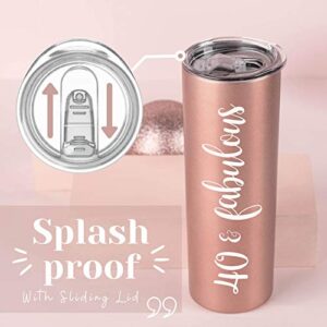 Onebttl 40th Birthday Gifts for Women, Female, Her - 40 and Fabulous - 20oz/590ml Stainless Steel Insulated Tumbler with Straw, Lid, Message Card - (Rose Gold)