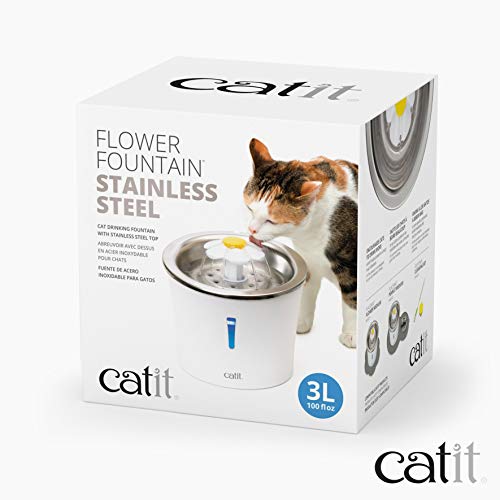 Catit Stainless Steel Flower Fountain with Triple Action Filter, Cat Drinking Water Fountain, 3 L