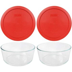 pyrex (2 7203 7 cup glass dishes & (2) 7402-pc 6/7 cup poppy red lids made in the usa