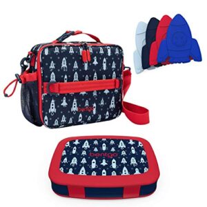 bentgo prints insulated lunch bag set with kids bento-style lunch box and 4 reusable ice packs (space rockets)