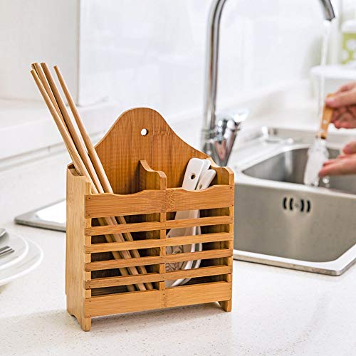 ZSQAI Bamboo Chopsticks Tube Chopsticks Cage Double Row Drain Basket Wall Mounted Chopsticks Rack