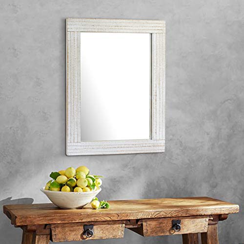 Stonebriar Rustic Rectangular Worn White Wood Frame Hanging Wall Mirror for Vertical or Horizontal Display, 24" x 18"