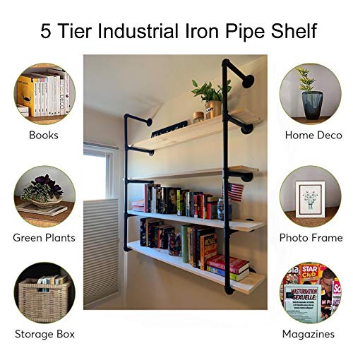 MUZIK 5 Tier Industrial Wall Mount Iron Pipe Shelf, 3/4 Inches Malleable Cast Iron Pipe Wall Mount Bookshelf Shelving Unit, DIY Open Bookshelf, Shelf Shelves, 2 Pack 52 Inch Tall