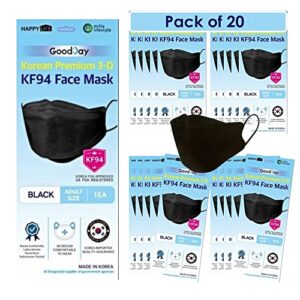 (pack of 20) black disposable kf-94 face mask, 4-layer filters, kf-94 mask, kf-94 black made in korea, nose mouth covering dust mask (individual packed) (black color)