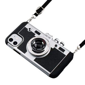 awsaccy emily in paris phone case iphone 11 6.1 camera case vintage cover cute 3d cool unique camera design case pc silicone cover with removable neck strap lanyard for girls women black