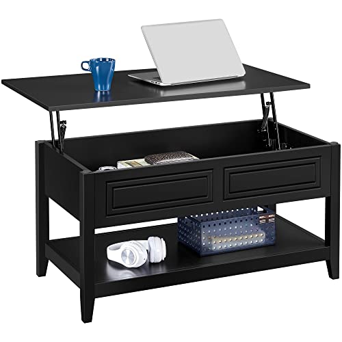 Yaheetech Lift Top Coffee Table with Hidden Compartment and Open Storage Shelf Pop Up Center Table for Living Room Reception, Black