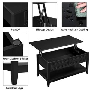 Yaheetech Lift Top Coffee Table with Hidden Compartment and Open Storage Shelf Pop Up Center Table for Living Room Reception, Black