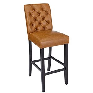 canglong mid-century tufted leather kitchen counter upholstered bar stool with wood legs set of 1,brown (ku-191322)