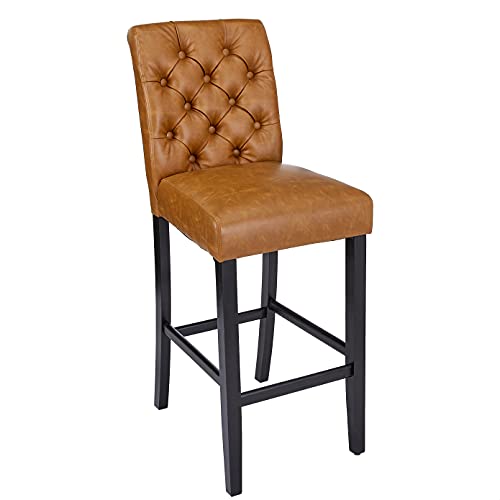 CangLong Mid-Century Tufted Leather Kitchen Counter Upholstered Bar Stool with Wood Legs Set of 1,Brown (KU-191322)