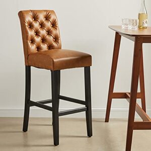 CangLong Mid-Century Tufted Leather Kitchen Counter Upholstered Bar Stool with Wood Legs Set of 1,Brown (KU-191322)