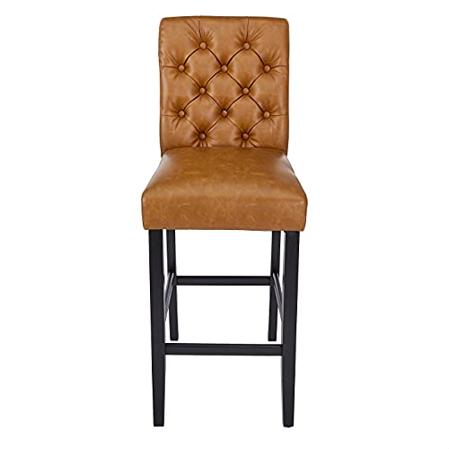 CangLong Mid-Century Tufted Leather Kitchen Counter Upholstered Bar Stool with Wood Legs Set of 1,Brown (KU-191322)