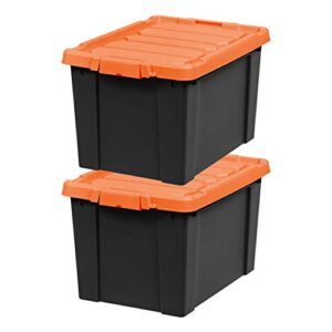 iris usa 19 gallon heavy-duty plastic storage bins, 2 pack, store-it-all container totes with durable lid and secure latching buckles, garage and metal rack organizing, black/orange