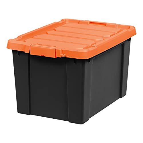 IRIS USA 19 Gallon Heavy-Duty Plastic Storage Bins, 2 Pack, Store-It-All Container Totes with Durable Lid and Secure Latching Buckles, Garage and Metal Rack Organizing, Black/Orange