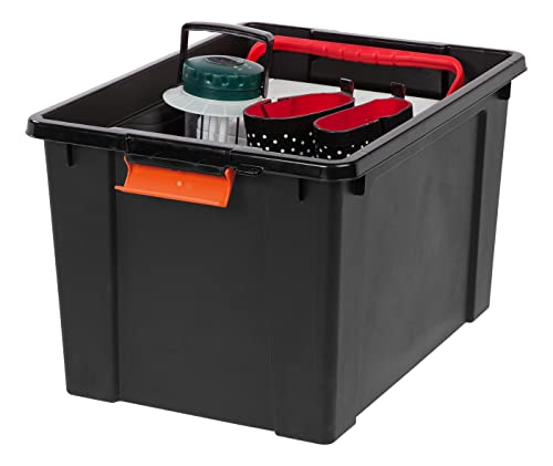 IRIS USA 19 Gallon Heavy-Duty Plastic Storage Bins, 2 Pack, Store-It-All Container Totes with Durable Lid and Secure Latching Buckles, Garage and Metal Rack Organizing, Black/Orange