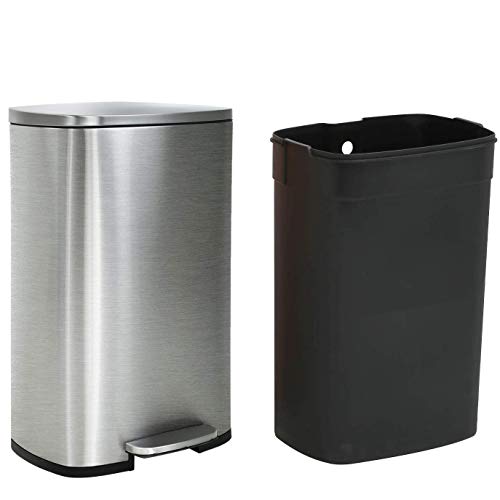 13 Gallon Trash Can with Lid for Office Kitchen Stainless Steel Metal Trash Can, Step Trash Can Wastebasket, Room Large Recycling Trash Can, Garbage Container Bin, Removable Liner Bucket, Brushed Body