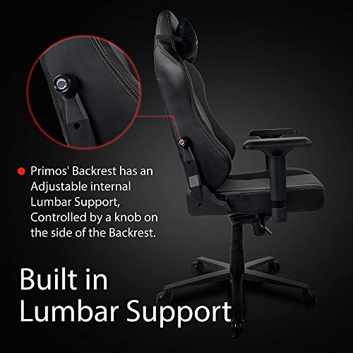 Arozzi Primo Premium PU Leather Gaming Chair Office Chair with Recliner Swivel Tilt Rocker Adjustable Height 4D Armrests Neck Pillow and Built-in Lumbar Adjustment - Black with Gold Accents