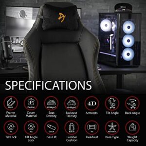 Arozzi Primo Premium PU Leather Gaming Chair Office Chair with Recliner Swivel Tilt Rocker Adjustable Height 4D Armrests Neck Pillow and Built-in Lumbar Adjustment - Black with Gold Accents