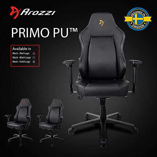 Arozzi Primo Premium PU Leather Gaming Chair Office Chair with Recliner Swivel Tilt Rocker Adjustable Height 4D Armrests Neck Pillow and Built-in Lumbar Adjustment - Black with Gold Accents