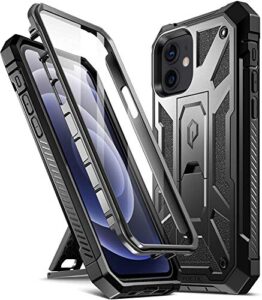 poetic spartan for iphone 12/ iphone 12 pro 6.1 inch case, full-body rugged dual-layer metallic color accent with premium leather texture shockproof protective cover with kickstand, metallic gun metal