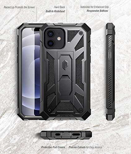 Poetic Spartan for iPhone 12/ iPhone 12 Pro 6.1 inch Case, Full-Body Rugged Dual-Layer Metallic Color Accent with Premium Leather texture Shockproof Protective Cover with Kickstand, Metallic Gun Metal