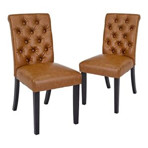 canglong mid-century tufted leather kitchen counter upholstered dining chairs with wood legs set of 2,brown