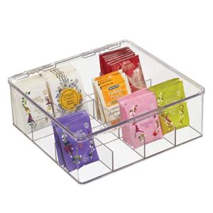 mdesign plastic stackable tea bag organizer storage bin with lid for kitchen cabinets, countertops, pantry - container holds beverage bags, cups, pods, packets, condiment accessories - clear