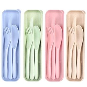 Travel Utensil Set with Case, 4 Sets Wheat Straw Reusable Spoon Knife Forks Tableware, Eco Friendly Non-toxin BPA Free Portable Cutlery for Travel Picnic Camping or Daily Use