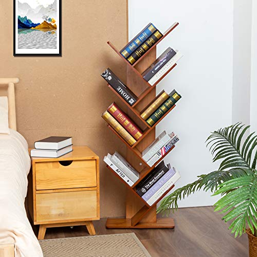 C&AHOME 9-Shelf Tree Bookshelf, Bamboo Bookcase, Book Rack, Storage Shelf Rack in Living Room, Free-Standing Books Holder Organizer, Space Saver for Home, Office Oak Red