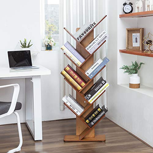 C&AHOME 9-Shelf Tree Bookshelf, Bamboo Bookcase, Book Rack, Storage Shelf Rack in Living Room, Free-Standing Books Holder Organizer, Space Saver for Home, Office Oak Red